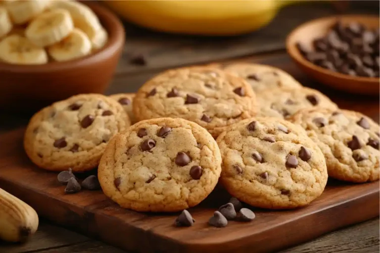 A close-up of banana bread cookies with chocolate chips arranged on a wooden board, with bowls of sliced bananas and chocolate chips in the background.